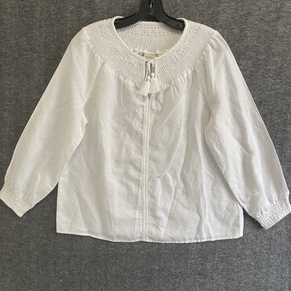 Rachel Zoe Linen Top Womens‎ S White Boho Smocked Embroidered Tassel Cottagecore